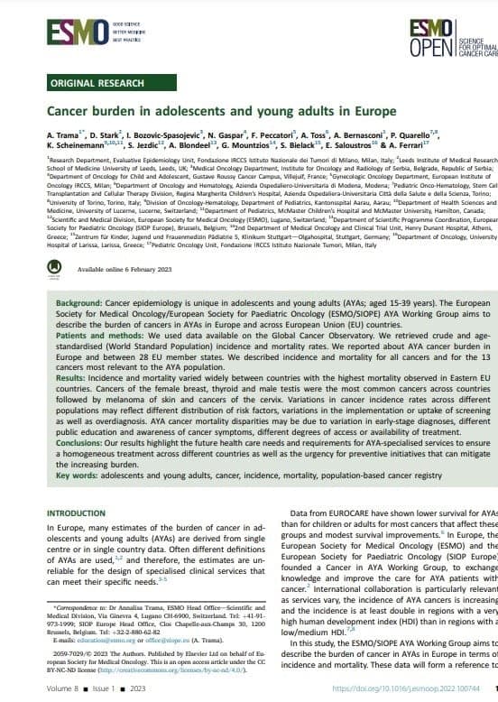 Carga de cancro nos adolescentes e jovens adultos na Europa